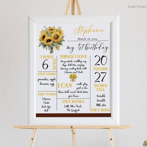 Modèle de courbe de croissance d'affiche d'anniversaire de tournesol modifiable, décorations à thème de fête pour bébé, fleurs rustiques jaunes 0061