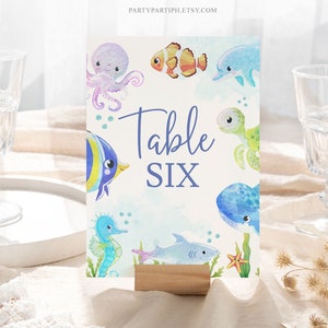 Plantilla editable de números de mesa bajo el mar, letreros de números de mesa con temática náutica pastel, letrero de mesa con número de asiento para bautizo con temática oceánica 0146