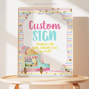 Editable Ice Cream Custom Sign “Ice Cream”, Pastel Cone & Sprinkles Party Poster, Printable Dessert Table Decor for Birthday or Shower, 0036