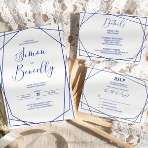 Modèle modifiable de faire-part de mariage bleu royal à téléchargement immédiat