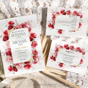 Ensemble MODÈLE de faire-part de mariage rose rouge, modèle de faire-part de mariage orné d'or, carte-réponse rouge et or, détails, cartes 0185