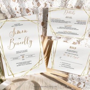 Bearbeitbare Gold Hochzeitseinladung Set-Vorlage Sofort-Download Gold Geometrische bearbeitbare Set Goldrahmen Antwortkarte Gold Detailkarte 0006