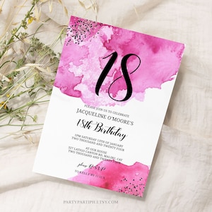 Editable Hot Pink and Black Glitter 18th Birthday Invitation Template Black Pink Flower Debut Invitation Teen Pink Flower Birthday 0144