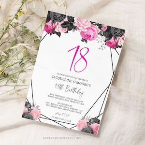 Editable Hot Pink and Black 18th Birthday Invitation Template Eighteenth Black Pink Flower Debut Invitation Teen Pink Birthday Invite 0143