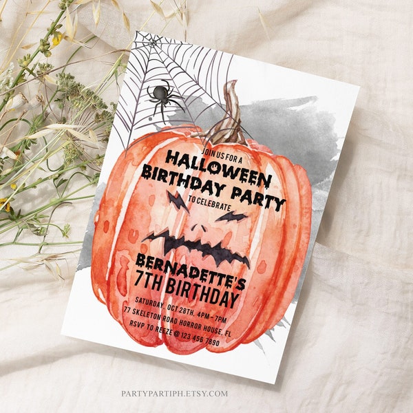 Editable Halloween Pumpkin Birthday Party Invitation Template Scary Pumpkin Spider Web Spooky Fall Party Pumpkin Patch Printable 0051