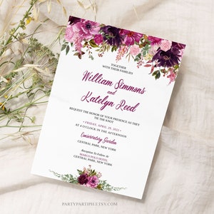 Editable Fuchsia Flowers Wedding Invitation Template Instant Download Elegant Watercolor Floral Wedding Invitation Card 0124