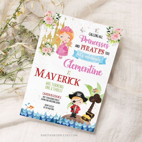 Editable PRINCESSES and PIRATE BIRTHDAY Invitation Twins Siblings invitation Princess Pirate Invitation Pirate Princess Invitation 0098