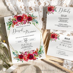 Bearbeitbare rote Hochzeitseinladungs-Set-Vorlage Sofortiger Download Rote Blumen Gold Geometrische Hochzeitseinladungs-Set Goldrahmen Antwortkarte 0109