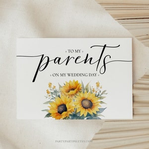 Plantilla de tarjeta de felicitación de boda con girasoles editables Tarjeta de felicitación para mis padres Tarjeta rústica amarilla para nuestros padres en nuestra boda Tarjeta plana y plegable 0061