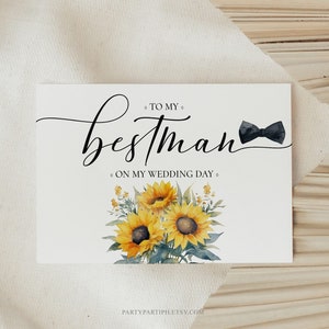 Modèle MODIFIABLE de carte de correspondance de tournesol de mariage pour mon meilleur homme carte de correspondance jaune rustique Bestman sur ma carte de correspondance de mariage 0061