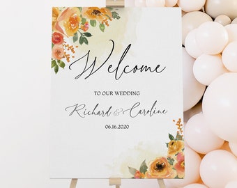 Editable Orange Welcome Sign Templates Flower Wedding Welcome Signs Baby Shower Birthday Engagement Sign Party Decorations 0149