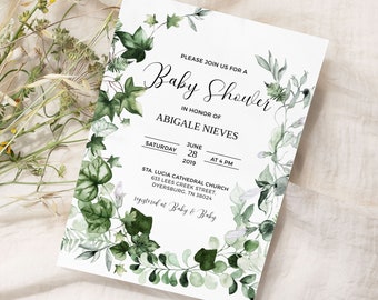 Editable Greenery Baby Shower Invitation Template Boho Baby Shower Greenery Digital Invitation Instant Download Botanical Watercolor 0026