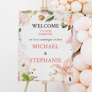 Lily Rose Wedding Welcome Sign: Peach Floral Bouquet (Digital Download)