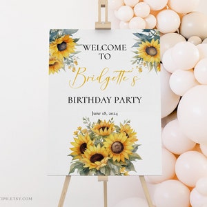 Plantilla editable de letrero de bienvenida para cumpleaños con diseño de girasol, decoración para fiesta de primer cumpleaños, descarga instantánea, carteles y letreros 0061