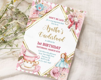 Editable Alice in Wonderland Birthday Invitation Template Instant Download Alice Tea Party Birthday Invite Birthday Girl 1st Birthday 0038