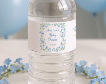 Blue Floral Baby Shower Bottle Label Template Editable, Elegant Bow Drink Label, Printable Baby Shower Decor, 0076