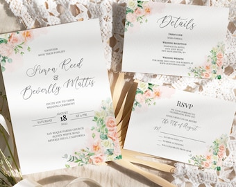 EDITABLE Peach Rose Wedding Invitation Set Template Orange Flowers Wedding Invitation Set Reply Card Details Card Inserts 0126