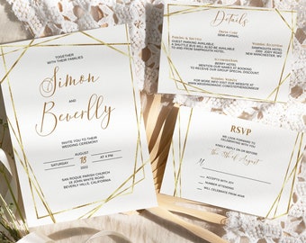 Editable Gold Wedding Invitation Set Template Instant Download Gold Geometric Editable Set Gold Frame Reply Card Gold Details Card 0006