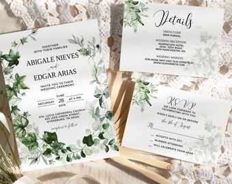 Editable Greenery Wedding Invitation Set Template Instant Download with Details and RSVP Cards Wedding Invitation Suite Bundle 0026