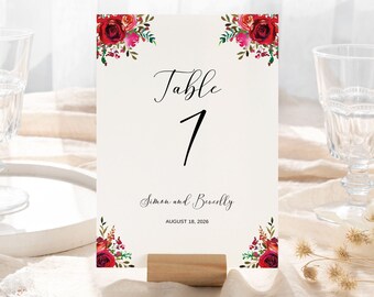 Red Flower Wedding Table Numbers Template Red Roses Flower Table Number Signs INSTANT DOWNLOAD Printable Template Table Number 0109