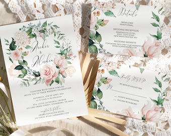 Editable Blush Pink Flowers Wedding Invitation Set Template Instant Download Wedding Invite Suite Wedding RSVP and Details Cards  0072