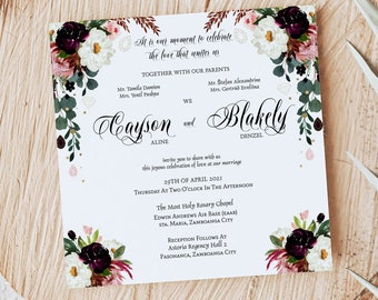 Editable Burgundy and Blush Wedding Invitation Template INSTANT Download Square Burgundy Flower Wedding Invitation 6x6 Invitation 0114