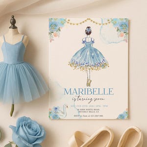 Blue Ballerina Birthday Invitation: 5x7&quot; Editable Template - 0012