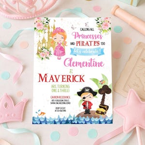 Invitación de cumpleaños editable de princesas y piratas, invitación para fiesta de hermanos piratas y princesas, imprimible para cumpleaños de gemelos (niña y niño), 0098