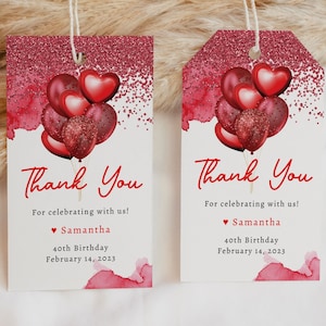 Etiquetas de lembrancinhas de aniversário com balões de corações vermelhos editáveis Etiquetas de presente com balões vermelhos brilhantes Download instantâneo Etiquetas de lembrancinhas de aniversário com balões vermelhos 0162