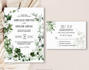 Editable Greenery Wedding Invitation Set Template Instant Download Wedding Bundle Invite with RSVP Reply Card 0026