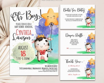 EDITABLE Cow Baby Shower Invitation Set Holy Boy Baby Shower Invite Farm Animals Invite Diaper Raffle Books for Baby Thank You Card 0168