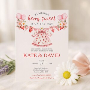 Faire-part de baby shower baies et fraises, modèle modifiable fille, thème fruits d'été, téléchargement numérique Jettemplate, 0274