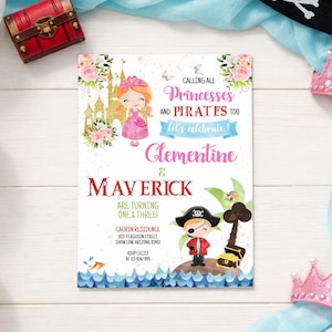 Princess and Pirate Birthday Invitation, Twins Party Invite (JetTemplate, Instant Download), 0098