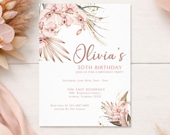 Convite de aniversário floral boho editável, convite de aniversário "Garota dos Pampas", convite de aniversário neutro e elegante para imprimir, 0087