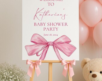 Rosa Schleife Babyparty Willkommensschild Vorlage bearbeitbar, Kokette Babyparty Poster, feminines elegantes rosa Partyschild, 0075