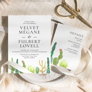 Ensemble modifiable de faire-part de mariage cactus, modèle 2 pièces, faire-part de mariage cactus avec détails, pièce jointe, carte de mariage, téléchargement immédiat, 0022