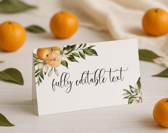 Citrus Botanical Place Cards, Orange Floral Seating Tags, Editable Summer Garden Wedding Escort Cards, Printable Custom Template - 0031