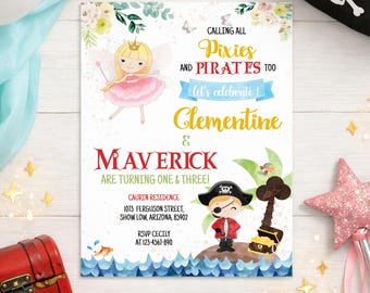 Szablon zaproszenia urodzinowego „Pixies and Pirates” do edycji, zaproszenie na przyjęcie dla dzieci „Wróżka Pirat”, zaproszenie urodzinowe dla chłopca i dziewczynki, 0097