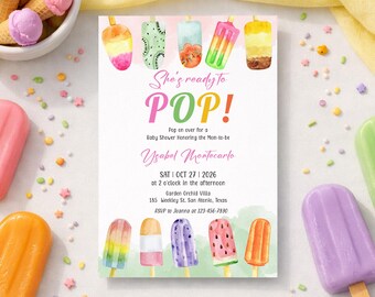 She’s Ready to Pop Baby Shower Invitation Template Editable, Popsicle Baby Shower Invite, Summer Girl Shower Evite, 0111