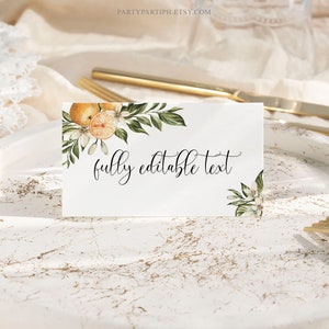 Modelo de cartões de lugar de casamento cítrico editável Cartões de lugar de casamento laranja planos e dobrados em forma de tenda Download instantâneo Cartões de assento de mesa 0031