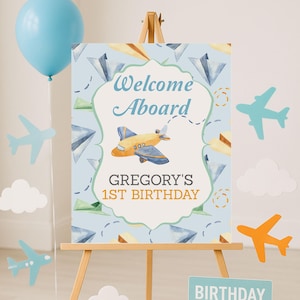 Fun Blue Airplane Party Sign, Kids Flight Birthday, Pilot Welcome Decor, Adventure Birthday Sign, Printable Airplane Welcome, 0002