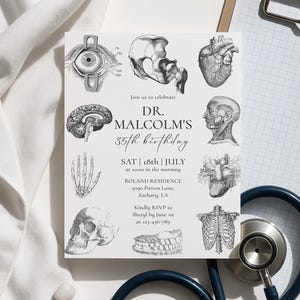 Medical Anatomy Birthday Invitation Editable, Funny Doctor Party Invite, Healthcare Theme, Jettemplate, Med Student Birthday Card, 0011