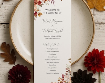 Romantyczna karta menu z jesiennymi kwiatami, eleganckie menu weselne na jesień, karta stołowa z motywem botanicznym w kolorze spalonej pomarańczy - 0035