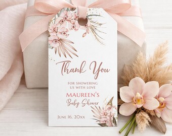Plantilla editable de etiqueta de regalo floral boho, etiqueta de agradecimiento para baby shower con estampado de la Pampa, etiqueta de regalo elegante y neutra para imprimir, 0087