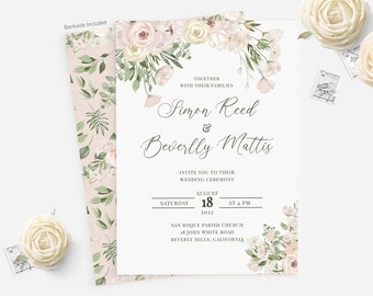 EDITABLE Creamy Rose Wedding Invitation Template White Flowers Wedding Invitation Greenery Flower Invite Creamy Rose Invitation 0172