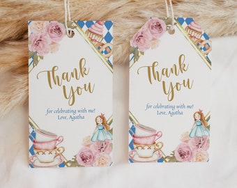 Editable Alice In Wonderland Thank You Tags Blue Alice In Onederland Thank You Tag Girl's 1st Birthday Tea Party Tags Digital Template 0038