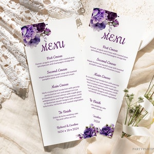 Modello di menu per matrimonio con fiori viola modificabile, download immediato, menu per cena con fiori viola, menu per cocktail, decorazioni per tavoli da matrimonio 0039