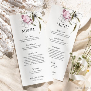 Plantilla de tarjeta de menú EDITABLE con diseño de magnolia, para bodas, cenas, cócteles, primavera, flores de magnolia moradas, 0034