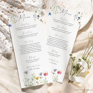 Plantilla de menú de boda con flores silvestres editable, menú floral de verano, cena, cóctel, flores de primavera, plantilla de menú de boda, 0025