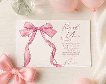 Plantilla editable de tarjeta de agradecimiento con lazo rosa, nota de agradecimiento para fiesta coqueta, tarjeta de agradecimiento rosa elegante y femenina imprimible, 0075